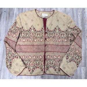 Vtg Papell Petites Jacket 14 100% Silk Taupe Green Burgundy Floral Sequin Dressy